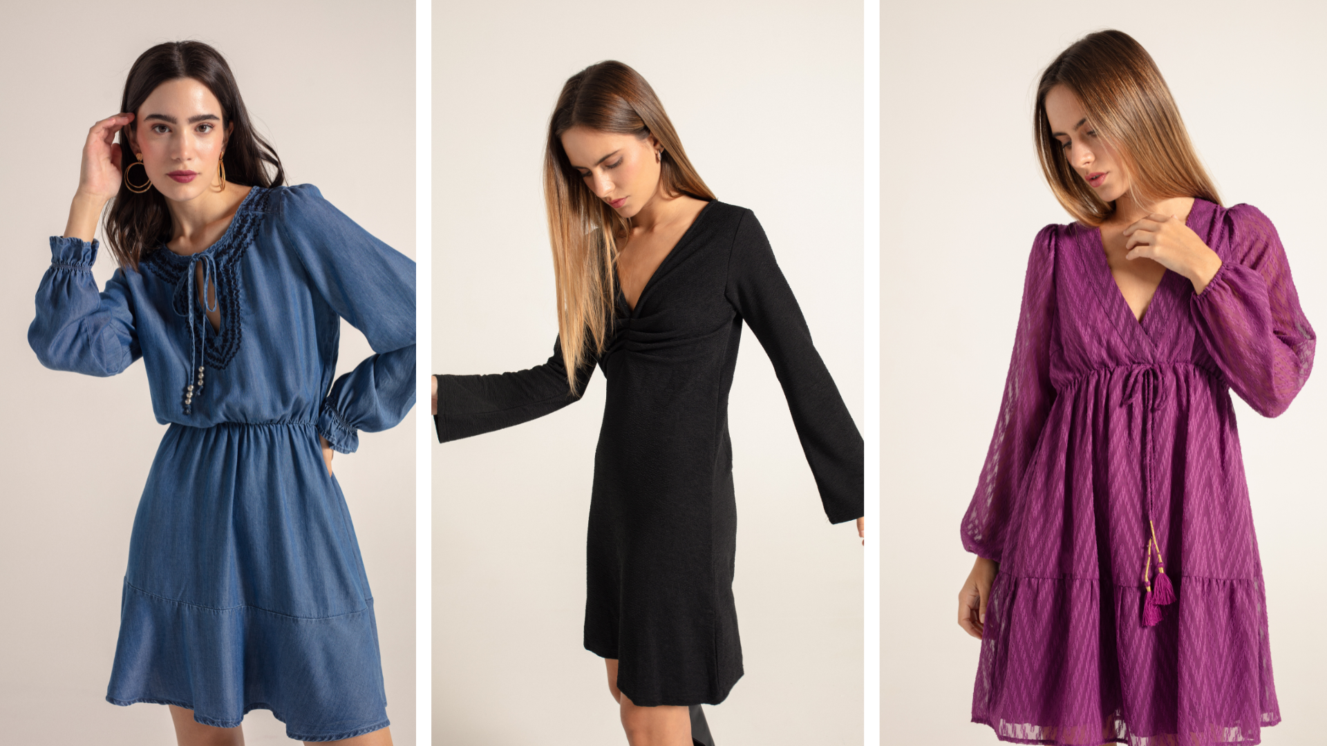 Modelo con vestido liso negro combinado con accesorios a juego y trench beige